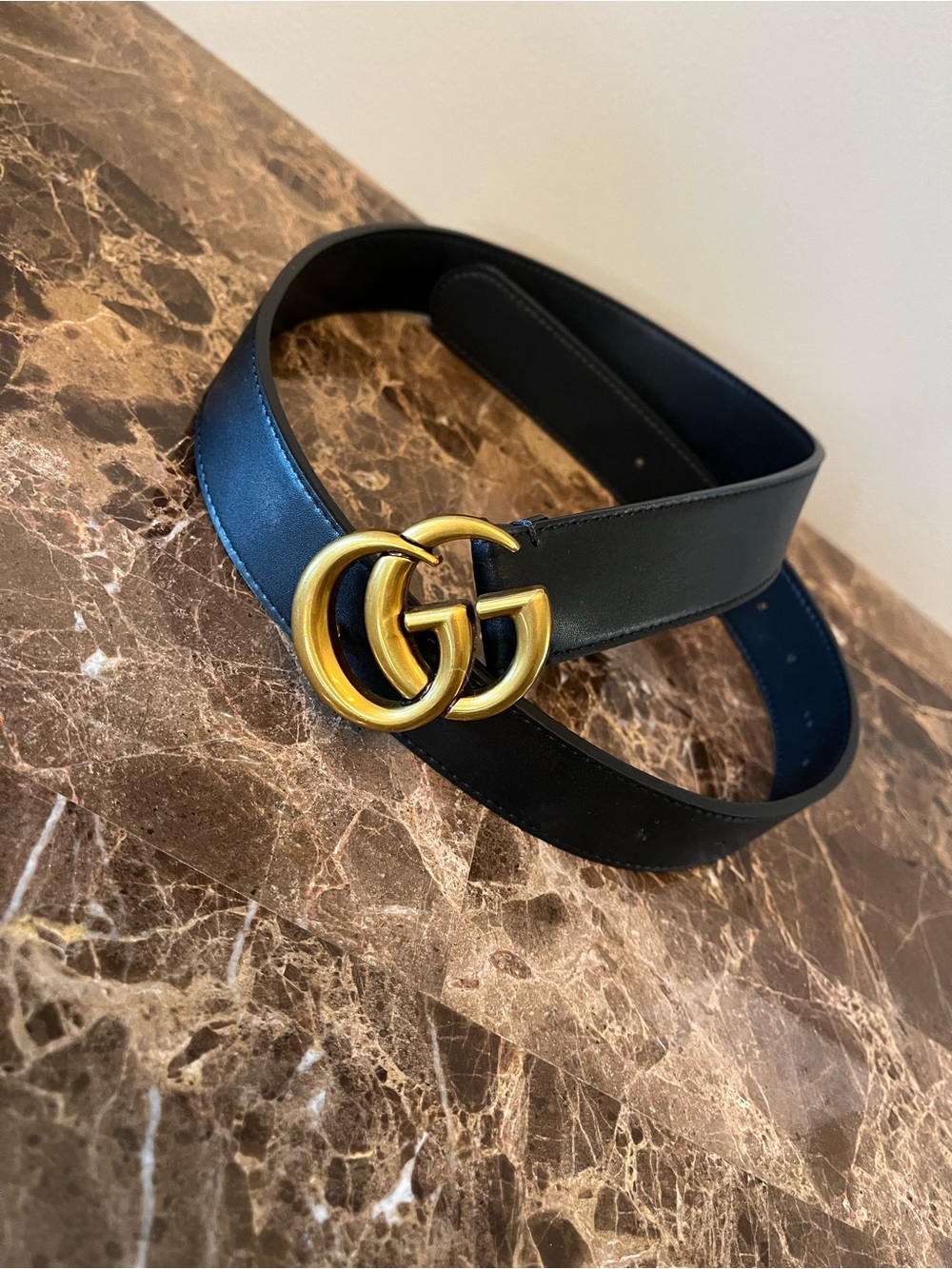 Gucci GG Marmont Black Leather Belt with Gold Double G Buckle